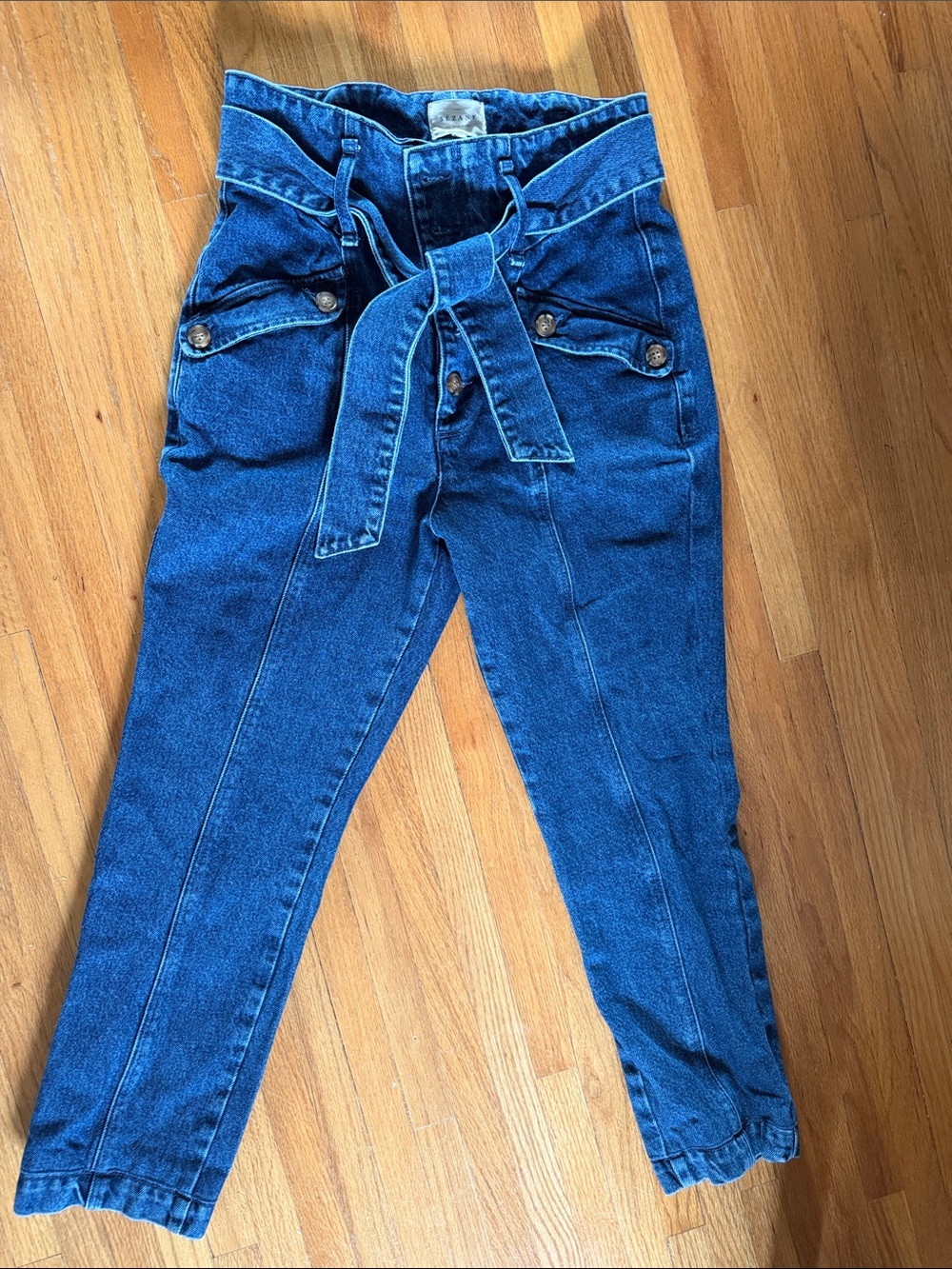 Sezane Dark Blue High-Rise Paperbag Jeans with Tie Belt